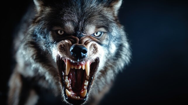 A powerful wolf snarls with intensity under dramatic lighting, capturing the wild's raw energy and fierceness, embodying the spirit of nature's true predator.