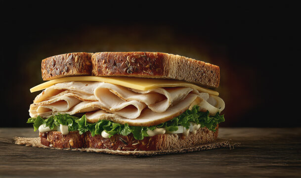 A mouthwatering turkey and cheese sandwich, layered with crisp lettuce, sits on rustic wood. The hearty grain bread adds a delightful texture. - Powered by Adobe