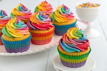 Colorful rainbow cupcakes with vibrant frosting displayed on a white table, festive setting