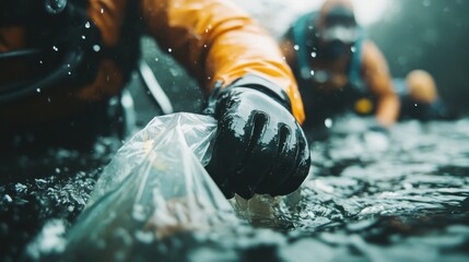 Amidst rainy conditions, rescue workers are engaged in vital efforts to retrieve items from turbulent waters, showcasing commitment and bravery in a challenging environment.