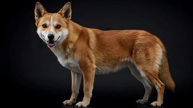 Beautiful studio shot video of an Australian dingo standing elegantly in a dark background