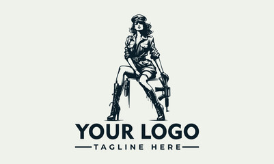 Illustration of a woman in military attire seated with a rifle, presented as a logo design.