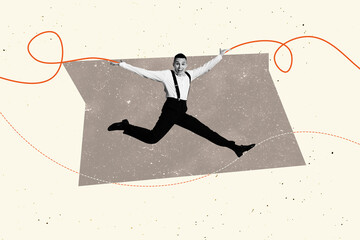 Trendy poster art collage of happy gentleman jump dance weekend celebration entertainment relax...