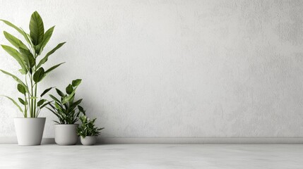 Three potted plants in a minimalist setting with a concrete wall and white floor.