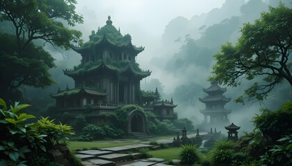 A Misty Asian Scene with an Ancient Stone Temple Overgrown with Greenery
