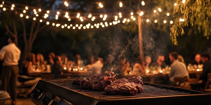 Outdoor gathering, grilling at night. Warm lights twinkle above a group dining al fresco.  A barbecue with meat is cooking on a grill