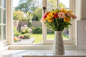 Fototapeta premium Vibrant bouquet of flowers in a vase on a kitchen counter with a sunny garden view outside