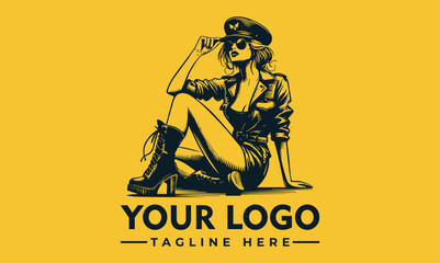 A stylized illustration depicts a woman in uniform, seated, adjusting her sunglasses.