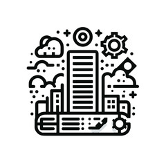 Outline of modern skyscraper with clouds and gears in abstract style  