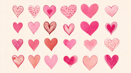 Pattern of pink hearts in various styles. Hearts repeat in rows, showcasing different heart designs. Valentines doodle vector set.