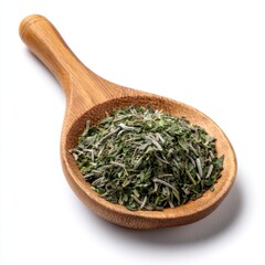Close up of dried parsley and rosemary herbs in a wooden spoon on white background