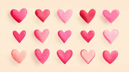 Pattern of pink hearts in various styles. Hearts repeat in rows, showcasing different heart designs. Valentines doodle vector set.