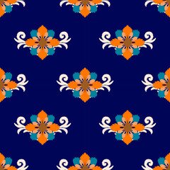 Motif ethnic seamless floral ikat pattern The orange and blue flowers on navy background 