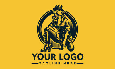 Illustration of a woman in uniform with boots and a hat, kneeling inside a circular frame.