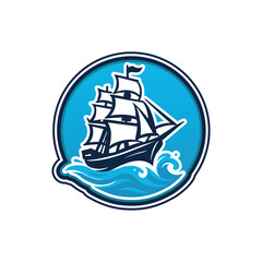Blue Illustration of a classic boat in circle