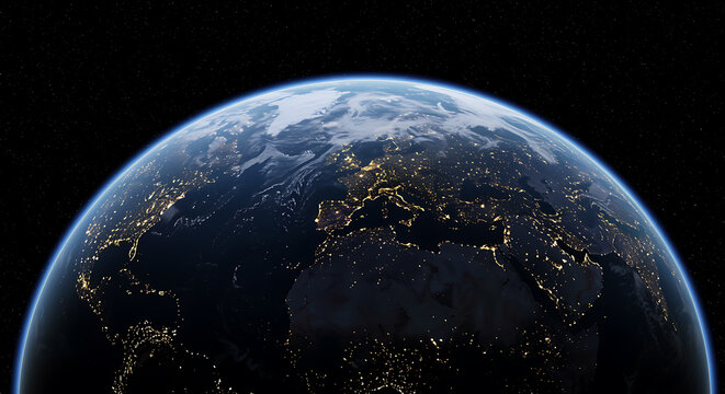 Stunning 3d render of planet earth highlighting city lights in a dark space