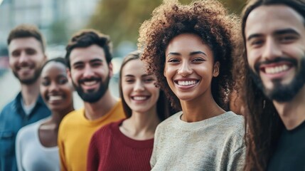 Fototapeta premium A diverse group of people standing together, smiling and laughing. The group includes individuals of different ages, genders, and ethnicities.