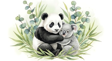 Watercolor of a panda cub hugging a baby koala among eucalyptus and bamboo leaves, cute forest animals in a pastel setting