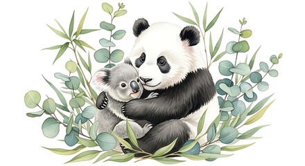 Obraz premium Watercolor of a panda cub hugging a baby koala among eucalyptus and bamboo leaves, cute forest animals in a pastel setting