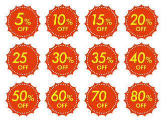 シンプルで使いやすい割引率別セールのオフバッジアイコンセット(クーポン セール 5% 10% 15% 20% 30% 50% 60% 70% 80%OFF ベクター 編集可能 赤)