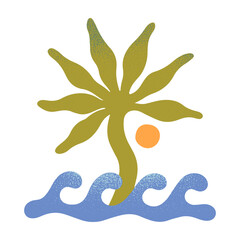 Summer beach,surf club illustration.Hand drawn ocean or sea waves with palm,sun.Modern graphic in naive simple style for banners,smm,branding,packaging, covers,prints.Retro summer vacation aesthetic