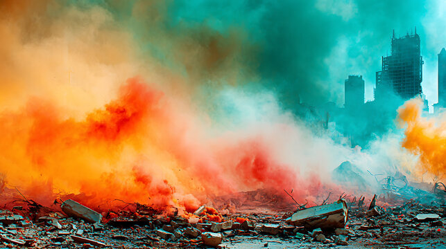 Urban combat scene with broken concrete debris in foreground, red smoke grenade haze in midground, and burning building silhouette in background with teal and orange contrast. Chaotic warfare and dest
