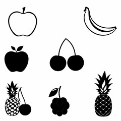 Assorted fruits are arrayed black silhouettes and outlines on a plain white background