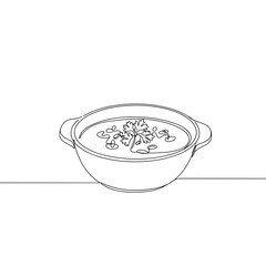 Line drawing of a bowl of soup with herbs on white background  