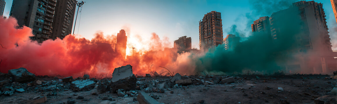 Urban combat scene with broken concrete debris in foreground, red smoke grenade haze in midground, and burning building silhouette in background with teal and orange contrast. Chaotic warfare and dest