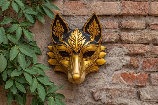 Ornate gold and black fox mask on brick wall - Powered by Adobe