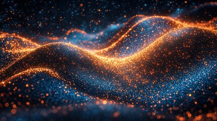 Abstract wavy patterns of glowing particles in dark blue and orange