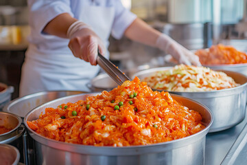 Chef preparing kimchi in a professional kitchen with traditional spices and napa cabbage.