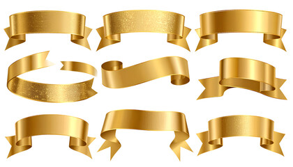 Obraz premium Shiny Gold Ribbon Banners Set Isolated on Transparent Background PNG