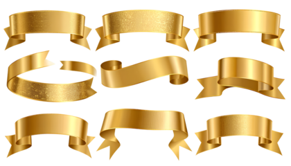  Shiny Gold Ribbon Banners Set  Isolated on Transparent Background PNG