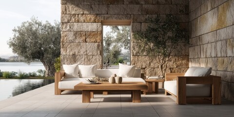 The modern outdoor seating area with stunning natural views and elegant decor.
