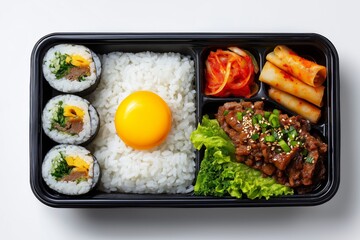 Flat lay of Korean dosirak lunchbox with rice, bulgogi, egg roll and vegetables, isolated on white background.