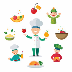 Chefs tossing fresh salad icons on white background
