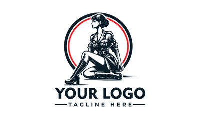 Stylish female figure in military attire, seated, logo design.