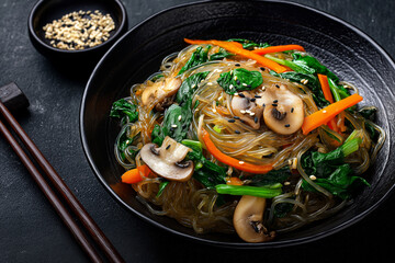Korean noodle dish japchae with glass noodles, mushrooms, spinach, and carrots on black plate.