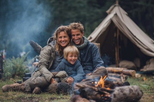 a man and woman and a child sitting in front of a campfire with a tent in the background