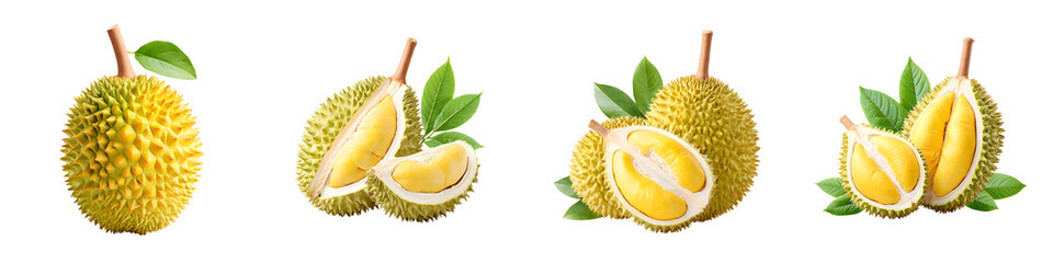 Obraz premium Juicy spiky durian fruit with green leaves