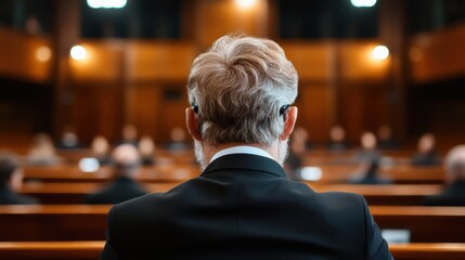 Fototapeta premium This formal setting of a courtroom captures a view of a serious meeting, emphasizing the decorum and professionalism involved in legal proceedings with attentive participants.
