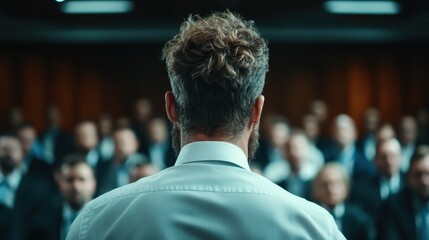 Fototapeta premium A focused speaker addresses a captivated audience in a formal setting, embodying leadership, confidence, and the powerful art of communication in a professional environment.