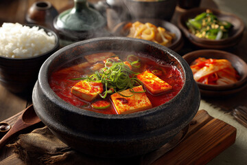 Korean tofu stew (soondubu jjigae) served boiling in stone pot with side dishes and rice.