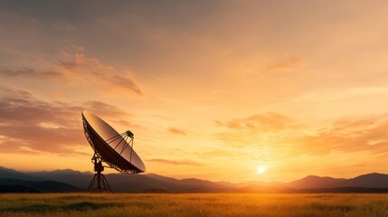 A large satellite dish stands silhouetted against a stunning sunset sky, representing the connection between technology and nature in a breathtaking landscape.