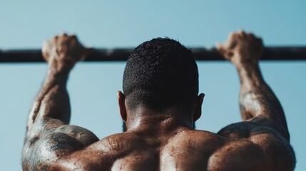 A muscular man performs pull-ups on a bar under a clear blue sky, showcasing strength, determination, and dedication in a fitness environment that inspires motivation.