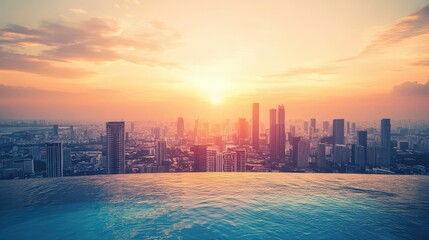 Fototapeta premium Stunning Cityscape at Sunset with Infinity Pool Overlooking Urban Skyline and Golden Sunlight Reflecting Off Towers and Water Surface in Vibrant Colors