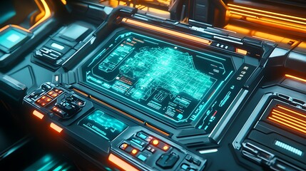 Futuristic cockpit interface with glowing holographic display.