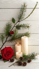 Romantic christmas still life with candles and rose