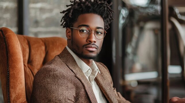 A man with dreadlocks sitting in a leather chair, wearing glasses and a brown blazer, in a stylish indoor setting with a glass door and brick wall. - Powered by Adobe